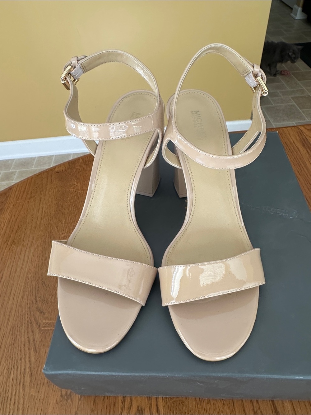 Michael Kors Patent Nude Block Heel Sandals with Ankle Strap